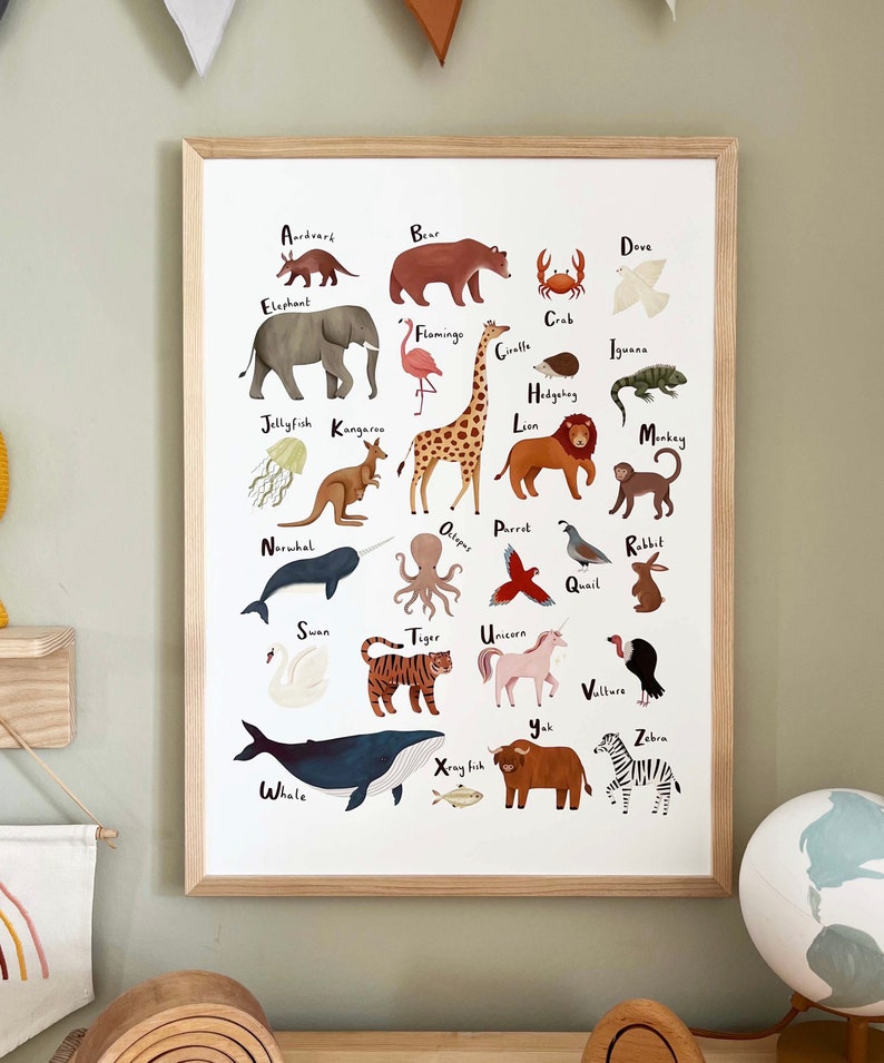 May include: A colorful alphabet poster featuring illustrated animals from A to Z. The poster has a white background with a light brown wooden frame.