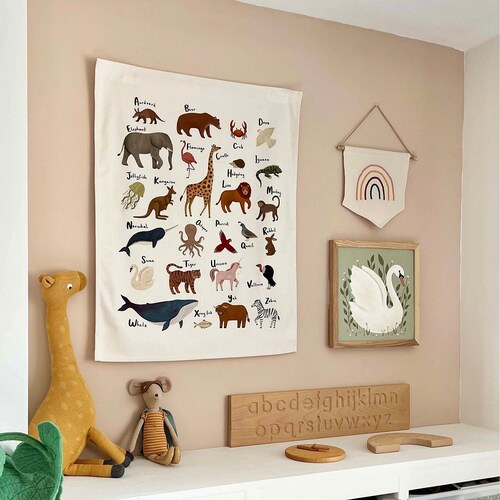 Animal Alphabet Wall Hanging, 100% Unbleached Organic Cotton ABC Banner, Nursery Wall Decor, Educational Kids Room Art