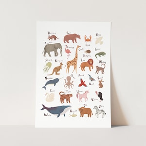 Impresión del alfabeto animal en blanco, póster del alfabeto, impresión abc, arte infantil, regalo perfecto para bebé o decoración infantil