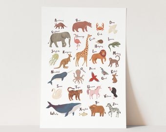 Animal Alphabet print in white, alphabet poster, abc print, nursery art, perfect baby gift or nursery decor