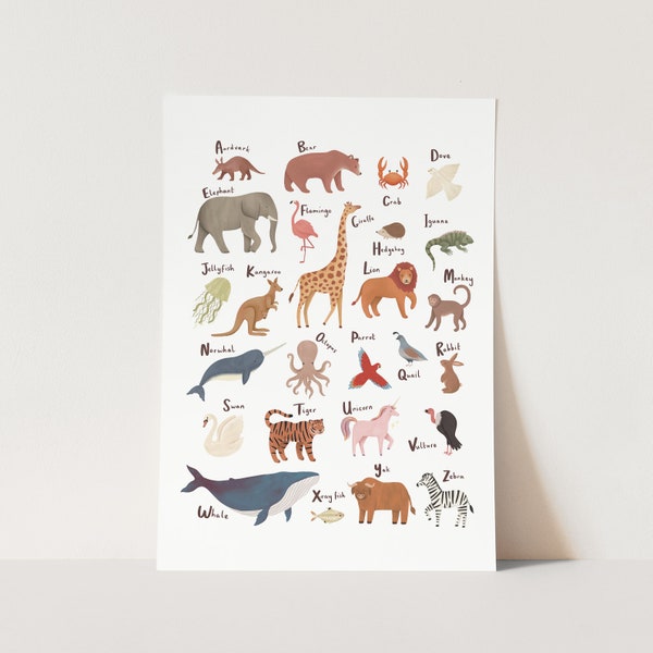 Animal Alphabet print in white, alphabet poster, abc print, nursery art, perfect baby gift or nursery decor