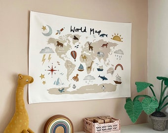 Carte du monde à accrocher au mur beige, 100 % coton biologique écru, un bel ajout à la chambre de votre enfant ou à sa salle de jeux