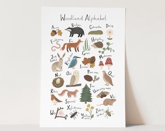 Woodland Alphabet print in white, alphabet poster, abc print, nursery art, perfect baby gift or nursery decor