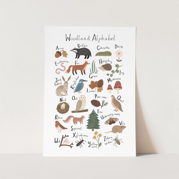 Woodland Alphabet print in white, alphabet poster, abc print, nursery art, perfect baby gift or nursery decor