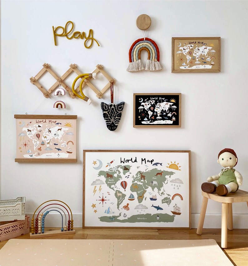 World Map print in sand nursery wall art nursery poster Etsy