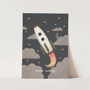 Forever exploring rocket print in black, Nursery Wall Art, Children&#39;s Wall Art, perfect birthday gift or nursery decor