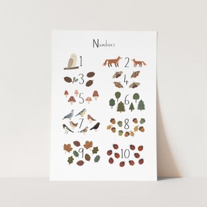Impresión de números de bosque en blanco, póster de números, arte infantil, regalo perfecto para bebé o decoración infantil.