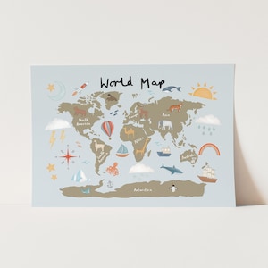 Wereldkaart print in kaki/blauw, kunst aan de muur kinderkamer, poster kinderkamer, wanddecoratie, moderne kunstprint, het perfecte verjaardagscadeau voor baby's of kinderen