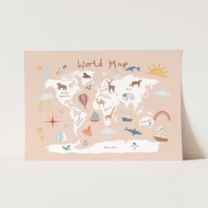 Impression de carte du monde en rose, art mural pour chambre de bébé, affiche de chambre de bébé, décoration murale, impression d'art moderne, le cadeau d'anniversaire parfait pour bébé ou enfant