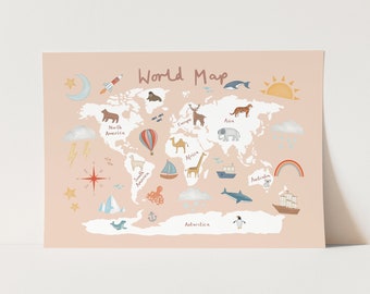 World Map print in pink, nursery wall art, nursery poster, wall decor, modern art print, the perfect baby or kids birthday gift