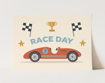 Racing Day print, Kids Vintage Car Wall Art, Children's Art Prints, perfect birthday gift or nursery decor