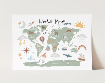 World Map print in green and white, nursery wall art, nursery poster, wall decor, modern art print, the perfect baby or kids birthday gift