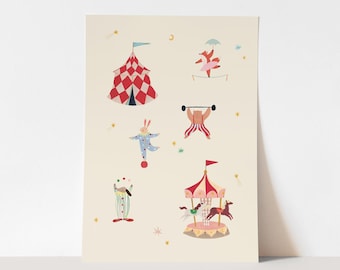 May include: A charming illustration depicting circus scenes. It includes a red and white chequered tent, a tightrope walker, a weightlifter, a juggling clown, a bunny on a ball, and a carousel with horses on a cream background.
