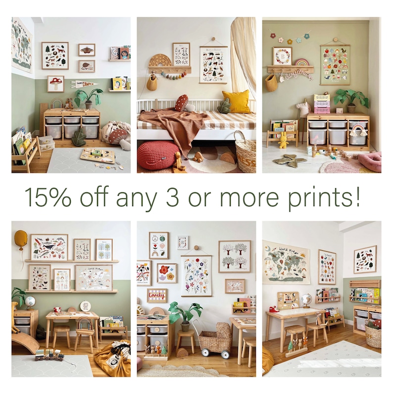 May include: A collection of colorful framed prints featuring nature-themed illustrations, displayed in a playroom setting with wooden furniture and toys. The prints include images of animals, plants, and maps. The text "15% off any 3 or more prints!" is visible at the bottom of the image.