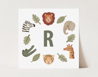 Personalised Animal Safari print in white, children's decor, safari theme, animal bedroom art