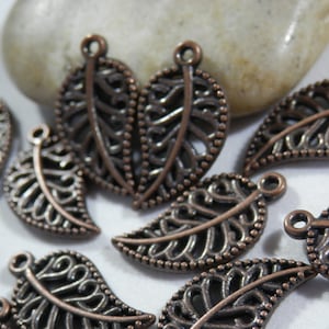 20 Antique Copper Leaf Charms: Double Sided Filigree Pendants