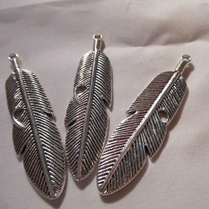 3 Antique Silver Feather Charms: Jewelry Making Pendants (60x15mm)