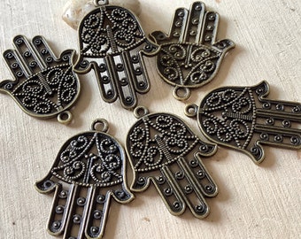 6pcs 30x22mm Double Sided Antique Bronze Hand of Fatima Hamsa Hand Pendant Jewelry Making Supplies DIY Supplies