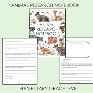 May include: An "Animal Research Notebook" with a cover featuring animal illustrations. The notebook includes pages for research, with prompts like "How big is the animal?" and "What does the animal eat?" The text "Elementary Grade Level" is also visible.