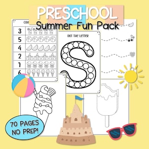 May include: A Preschool Summer Fun Pack educational activity set featuring 70 pages of no-prep worksheets. Includes counting exercises with summer icons, dot-the-letter S pages, tracing lines, and coloring sheets with ice cream and sandcastles.