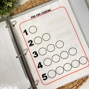 May include: A white paper with the text "POM POM COUNTING" and numbers 1 through 5, each with a corresponding number of circles. The paper is inside a clear binder with metal rings. The background includes a woven mat and a green plant.