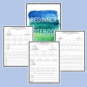 May include: A beginner's cursive writing practice book with a blue and green watercolour design. The notebook includes practice pages for uppercase and lowercase letters, with examples of the letters A, O, and J. The text "BEGINNER CURSIVE NOTEBOOK" is displayed.