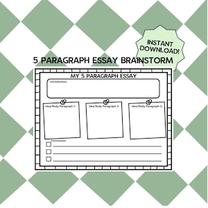 Op de afbeelding: Een zwart-wit 5-paragraaf essay brainstorming sjabloon met tekstvakken voor de inleiding, alinea's en conclusie. De woorden "5 PARAGRAPH ESSAY BRAINSTORM" en "INSTANT DOWNLOAD!" zijn ook zichtbaar.