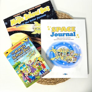 May include: A collection of Magic School Bus items including the book Lost in the Solar System, a DVD set titled The Complete Series, and a white Space Journal with a yellow bus illustration and text reading Magic School Bus companion.