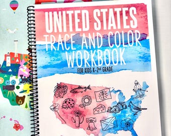 United States Trace and Color Workbook for kids! Learn about all 50 US States Homeschool curriculum geography K-2nd grade -PRINTABLE VERSION