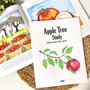 Könnte beinhalten: Ein Lehrheft mit dem Titel Apple Tree Study und einer Aquarellillustration eines Apfelzweigs auf dem Umschlag. Die aufgeschlagenen Seiten zeigen farbenfrohe Zeichnungen von Apfelplantagen, Körben voller Äpfel und ein anatomisches Diagramm.