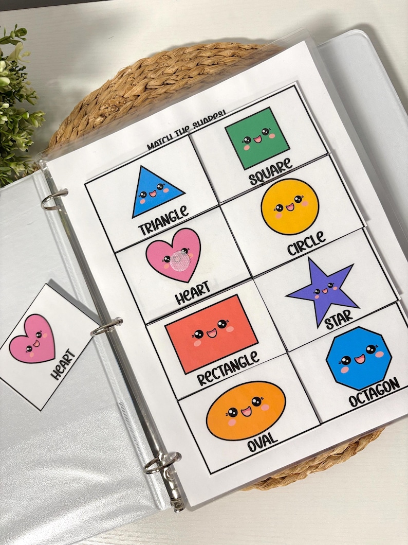May include: A binder with a laminated page featuring colorful, cartoon shapes: triangle, square, circle, heart, rectangle, star, oval, and octagon. Each shape has a smiling face and is labeled with its name. The text "Match the Shapes" is at the top.