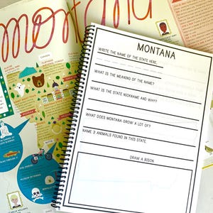 Puede incluir: Un cuaderno en espiral con la palabra "MONTANA" en la parte superior, con preguntas sobre el estado. Un libro abierto con un mapa de Montana y la palabra "montana" en letras grandes se ve en el fondo.