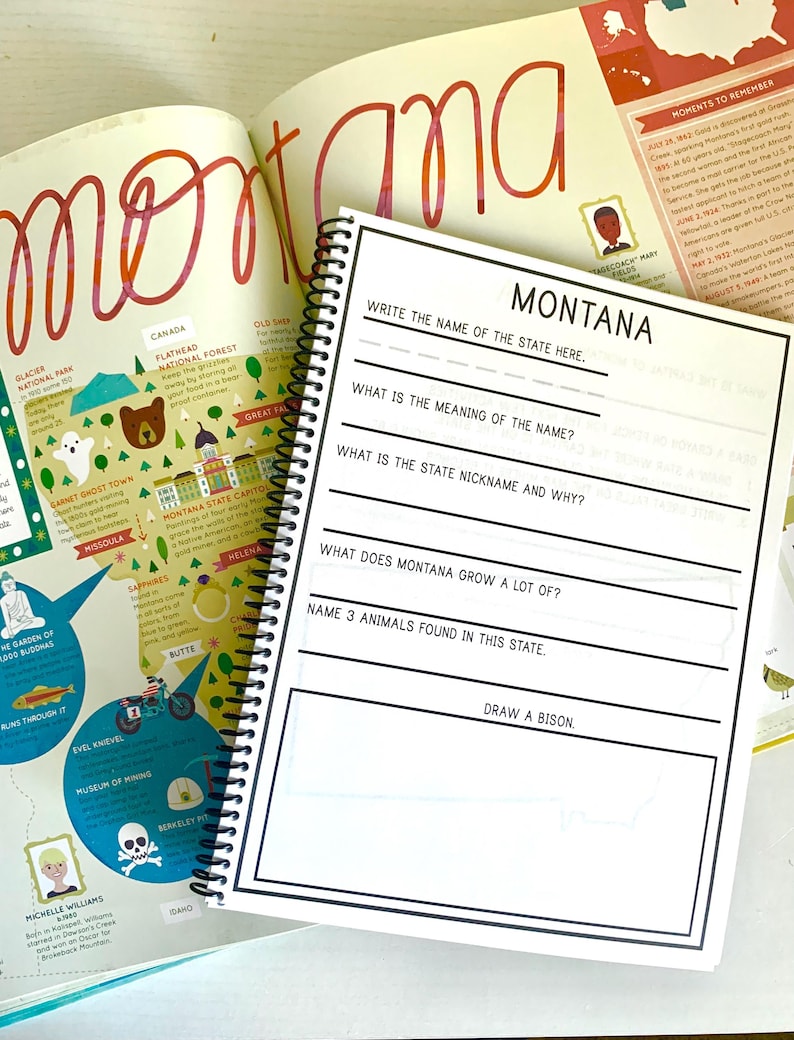 Puede incluir: Un cuaderno en espiral con la palabra "MONTANA" en la parte superior, con preguntas sobre el estado. Un libro abierto con un mapa de Montana y la palabra "montana" en letras grandes se ve en el fondo.