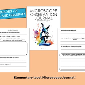 Puede incluir: Un diario de ciencias para los grados 2-5 con el texto "PRINT AND OBSERVE!" y "MICROSCOPE OBSERVATION JOURNAL Elementary Level." El diario incluye indicaciones de observación, una ilustración de microscopio y el texto "Elementary level Microscope Journal!"