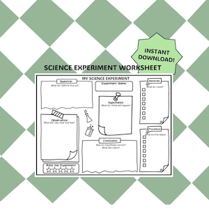 Könnte beinhalten: Ein schwarz-weißes Arbeitsblatt für wissenschaftliche Experimente mit Abschnitten für Fragen, Hypothesen, Beobachtungen und Schlussfolgerungen. Das Arbeitsblatt enthält den Text "Sofort-Download!" und ist für den Bildungsgebrauch konzipiert.