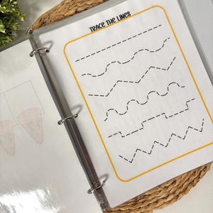 May include: A white binder open to a page with the text "TRACE THE LINES" in black. The page has a yellow border and black dashed lines for tracing. The binder is on a woven mat.