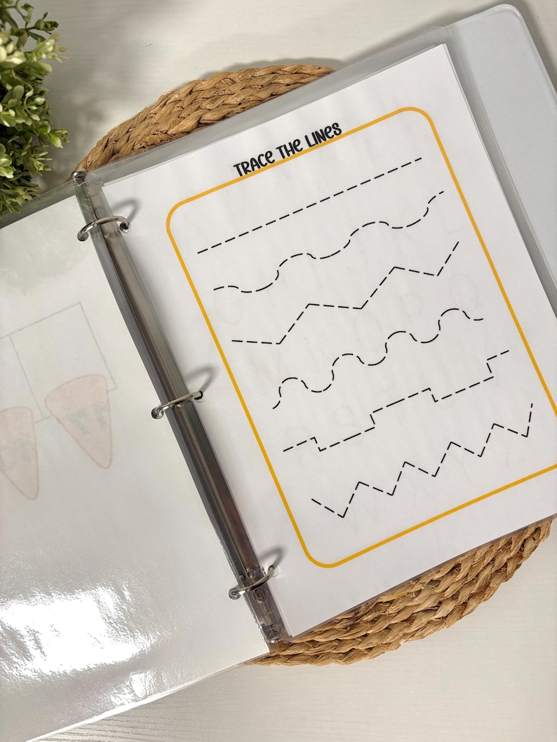 May include: A white binder open to a page with the text "TRACE THE LINES" in black. The page has a yellow border and black dashed lines for tracing. The binder is on a woven mat.