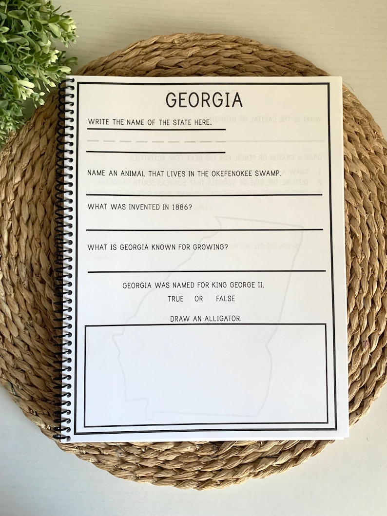 Puede incluir: Un cuaderno con espiral con una cubierta en blanco y negro con la palabra "GEORGIA" y preguntas para completar sobre el estado. El cuaderno est&aacute; abierto sobre una estera tejida, con una planta verde en el fondo.