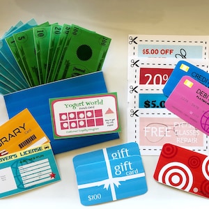 Blue Play Wallet Printable with Play Cards, Play Money, Play Checks, & Play Coupons