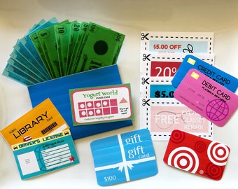 Blue Play Wallet Printable with Play Cards, Play Money, Play Checks, & Play Coupons