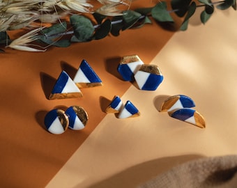 Blue and white porcelain stud earrings, various sizes | Unique handmade ceramic jewelry | Silver 925 gold plated