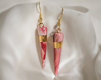 Icicle porcelain earrings marbled in pink-red-white | Unique handmade porcelain jewelry | gold plated