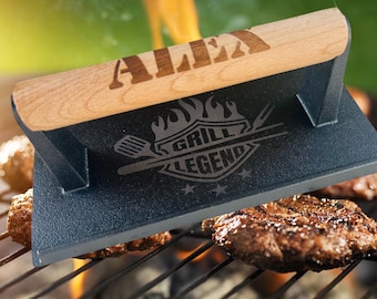 Personalized cast iron grill burger press laser engraved smash burger grill press grilling tools personalized