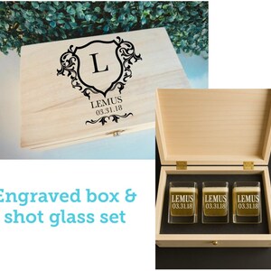 Laser engraved shot glass box with personalized laser engraved shot glass set groomsmen gift set groomsmen party shot glass wedding favor