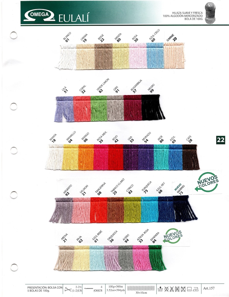 May include: A color chart for Omega Eulal&iacute; yarn, featuring a variety of hues. The chart displays swatches of yarn in shades like white, beige, pink, blue, and green. Each swatch is labeled with a color name and number. The text "Nuevos Colores" is also visible.
