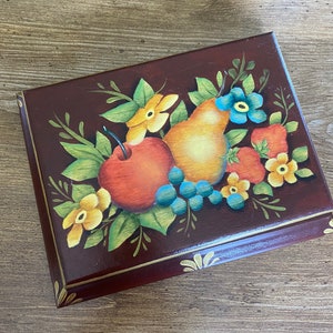 Painted fruit wooden trinket box beautiful for your fall cottage decor. Apple, Pear, Flowers & Berries, wooden painted box with gold accents