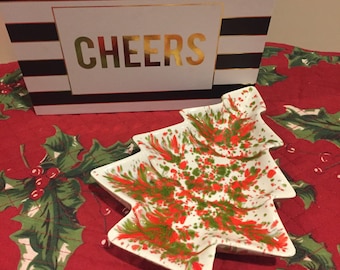 MidCentury Christmas Tree Dish, Ceramic, Vintage, Handmade,Hand Painted,Christmas kitch, Boho, Ceramic Dish, Orange & Green