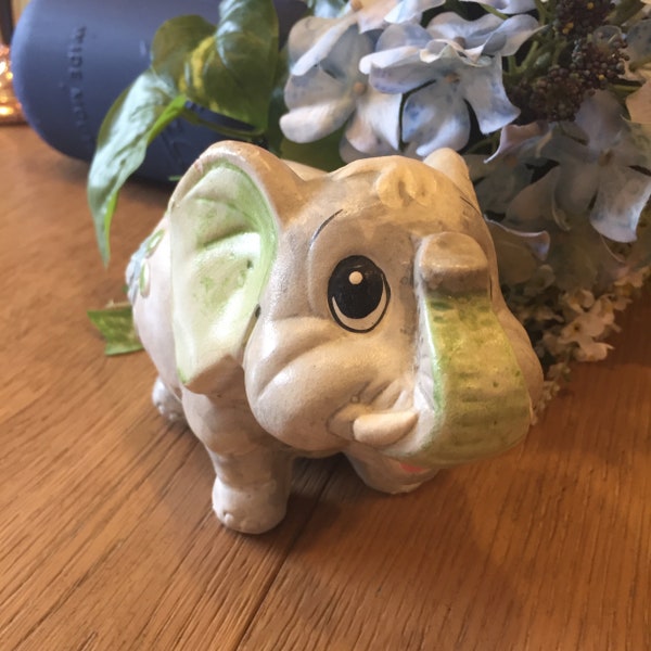 Piggy Bank, coin bank, Elephant, Chalkware, Vintage 1979, Missing plug in bottom, Vintage Loved Condition, Trunk up Boho Elephant