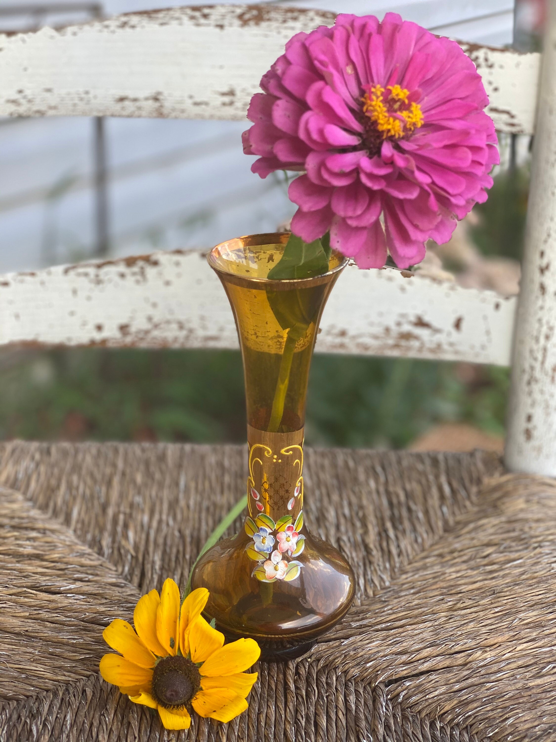 Vintage Amber Glass Vase Hand Blown Hand Painted Flowers by Etsy
