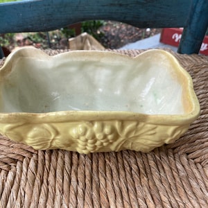 May include: A yellow ceramic planter with a grapevine design. The planter is rectangular and has a slightly rounded bottom.